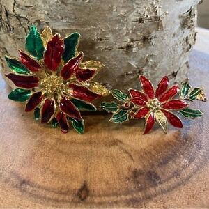 Vintage PAIR OF RED AND GREEN GOLD-TONE POINSETTIA BROOCHES